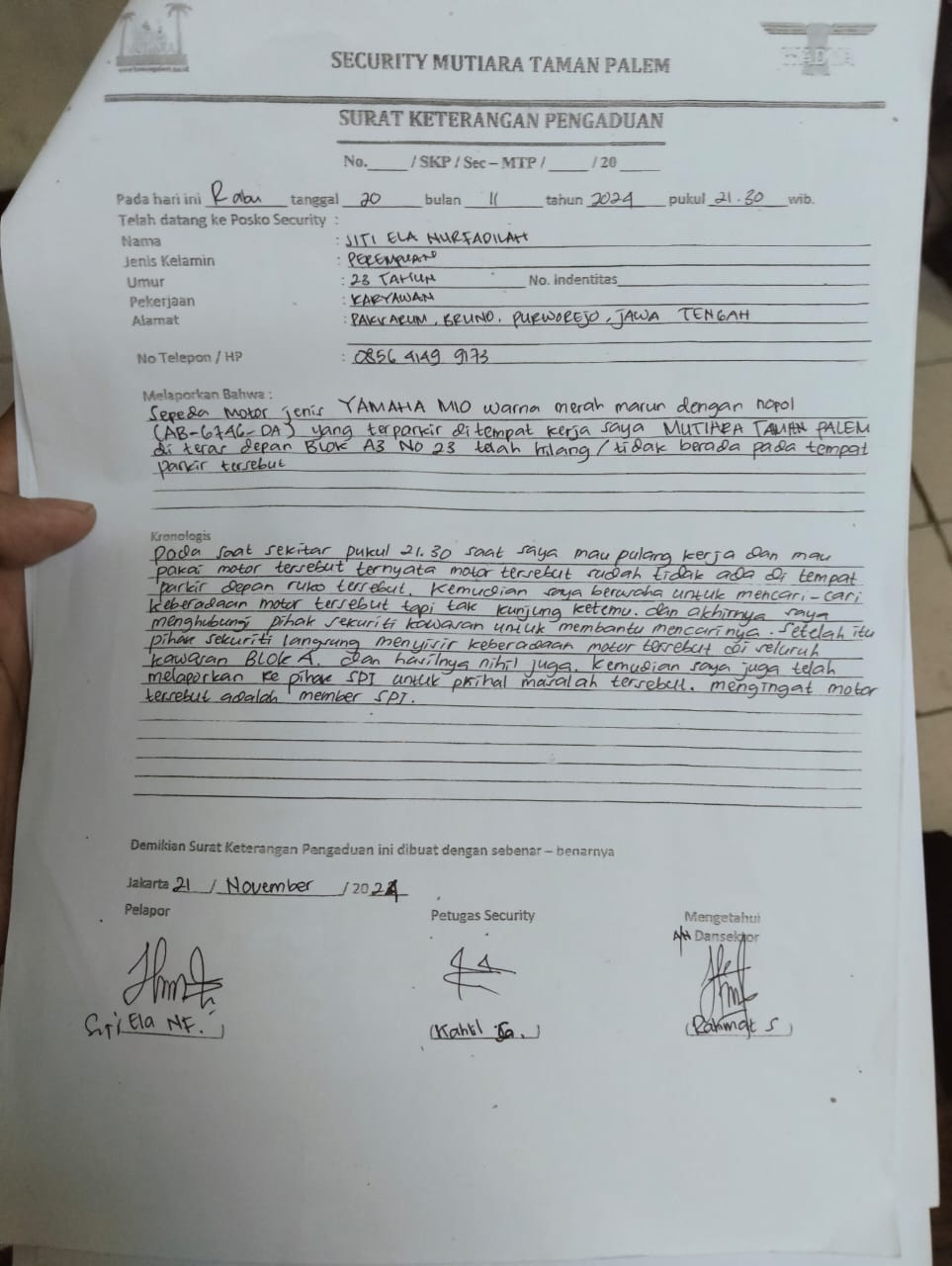 Kecewa Motor Pekerja Mall Taman Palem Hilang Dicuri di Area Parkir