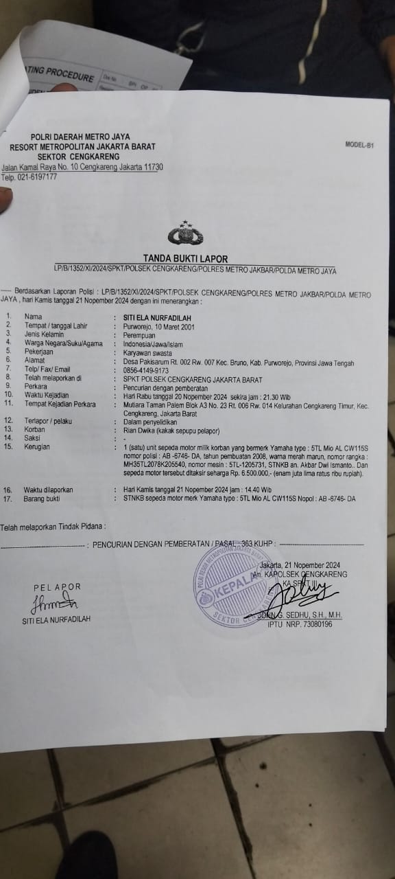 Kecewa Motor Pekerja Mall Taman Palem Hilang Dicuri di Area Parkir