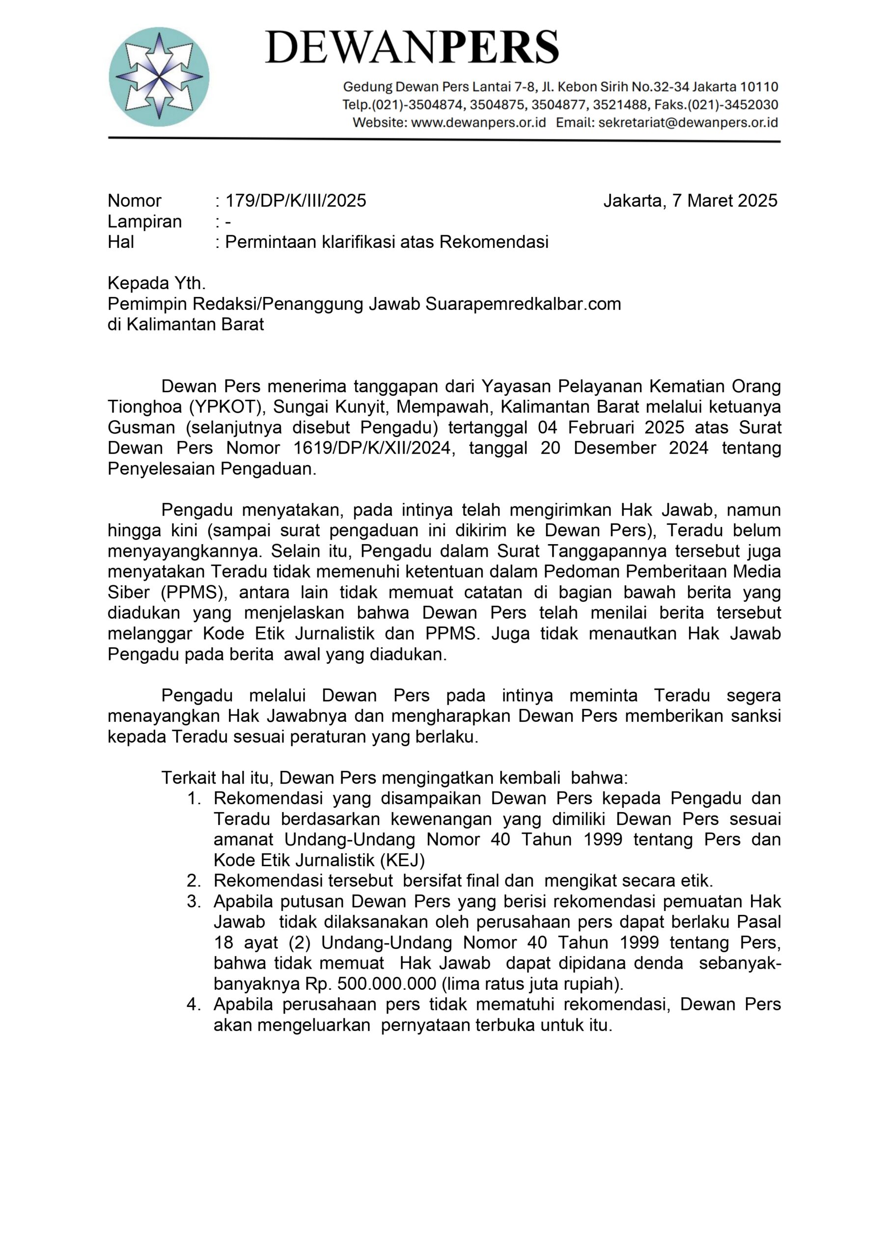 Dewan Pers Ultimatum suarapemredkalbar.com, Ancaman Sanksi Rp500 Juta Mengintai