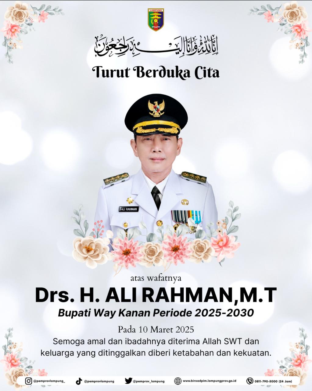 Way Kanan Kehilangan Sosok Pemimpin Berintegritas, Bupati Ali Rahman Wafat