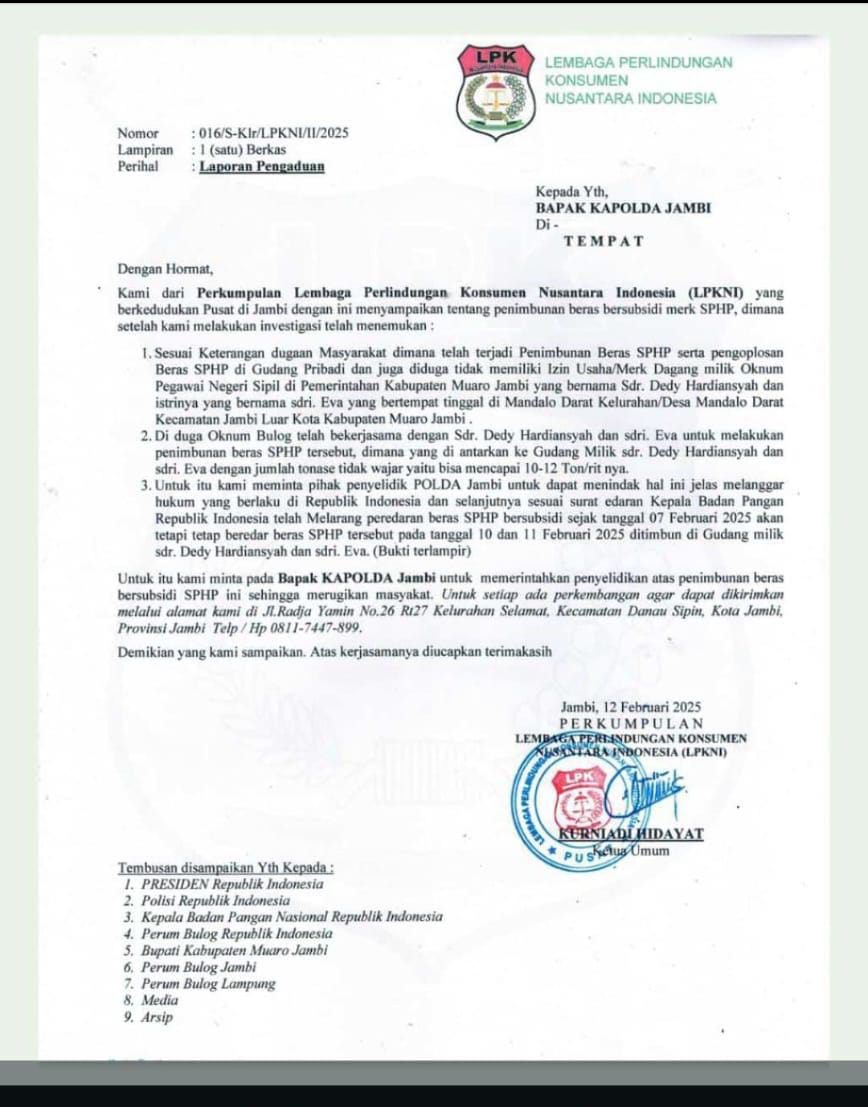 Skandal Beras Subsidi, LPKNI Desak Polda Jambi Ungkap Penimbunan 12 Ton